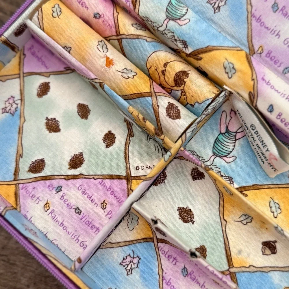 Disney Winnie the Pooh Vintage Pastel Patchwork Fabric Zip Closure Jewelry Case